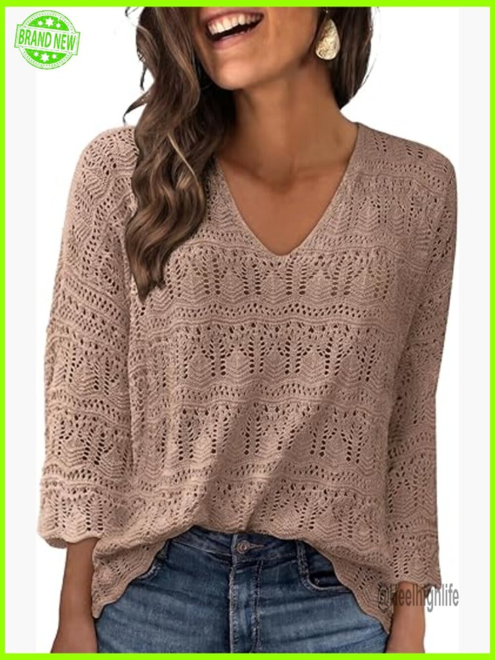Crochet Boho Cover Up Sweater 3/4 Sleeve Lightweight Mesh Beach Resort Wear